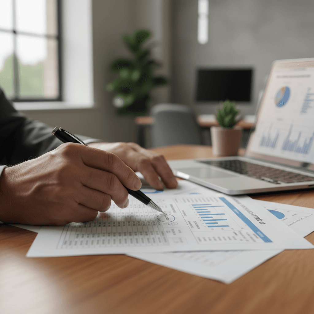 Consultant hands reviewing detailed financial audit report with charts and pen on wooden desk